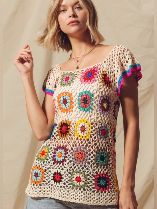 So Me Sweaters - So Me Womens Granny Square Crochet Top Size M Oatmeal Boho Patchwork Festival